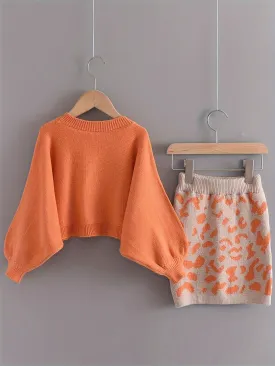 2pcs Girls Casual Thermal Knit Sweater & Leopard Print Knit Skirt Set For Winter Party, Orange