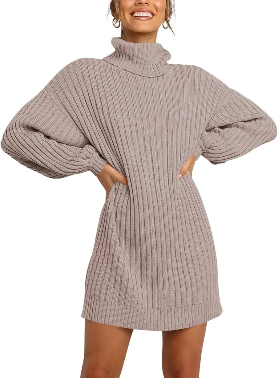 ANRABESS Women Oversized Sweater Dress Turtleneck Batwing Long Sleeve Ribbed Knit Loose 2025 Fall Winter Casual Short Dress