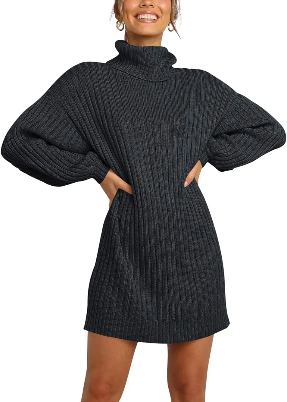 ANRABESS Women Oversized Sweater Dress Turtleneck Batwing Long Sleeve Ribbed Knit Loose 2025 Fall Winter Casual Short Dress
