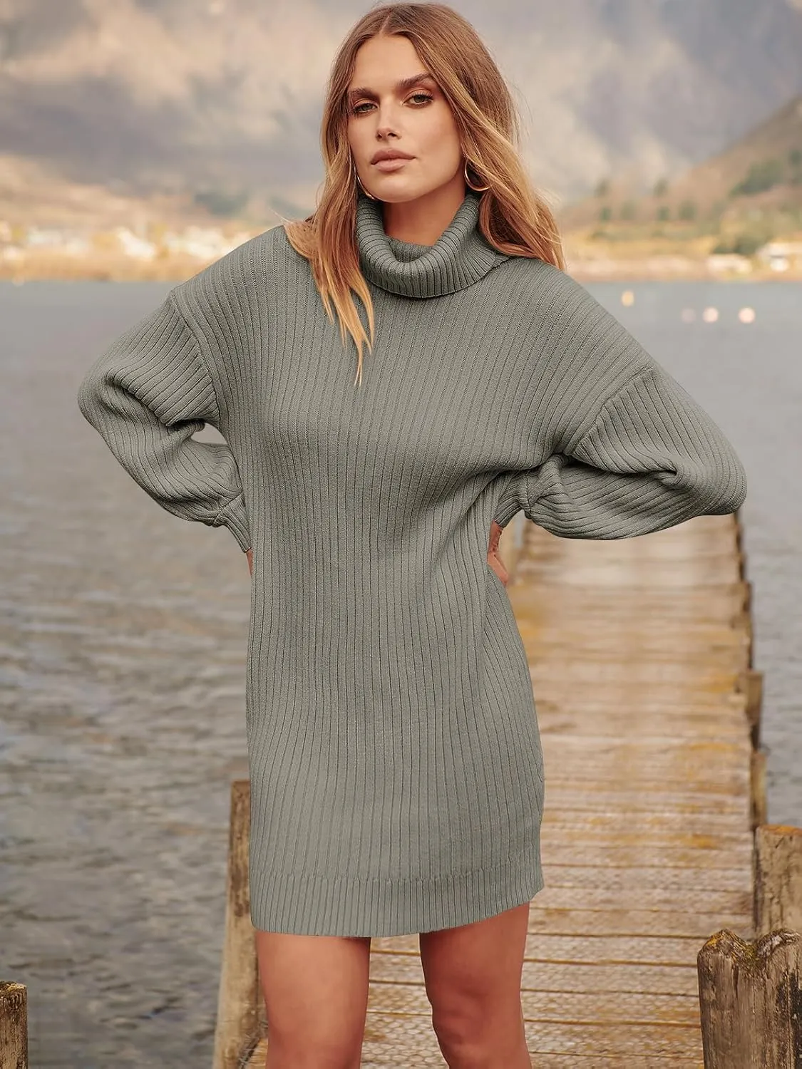 ANRABESS Women Oversized Sweater Dress Turtleneck Batwing Long Sleeve Ribbed Knit Loose 2025 Fall Winter Casual Short Dress