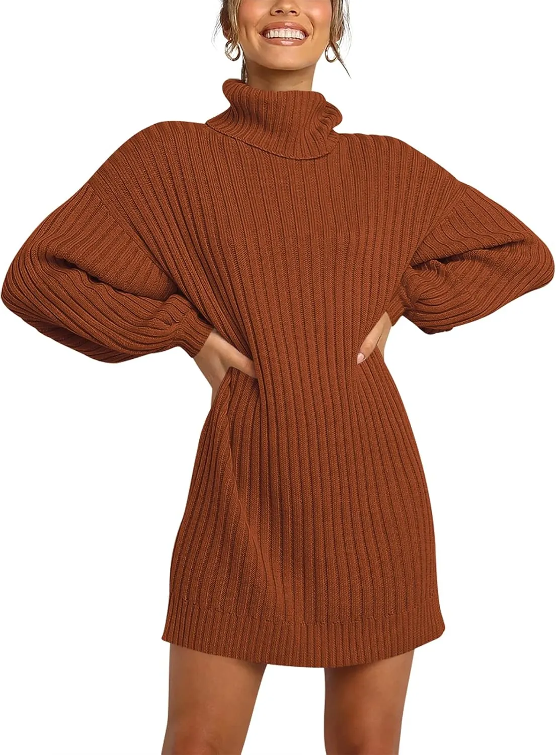 ANRABESS Women Oversized Sweater Dress Turtleneck Batwing Long Sleeve Ribbed Knit Loose 2025 Fall Winter Casual Short Dress