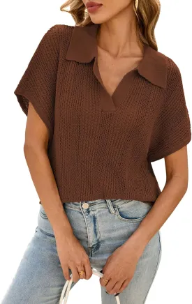 Cakulo Spring Summer Crochet Tops for Women 2025 Crop Knit Short Sleeve Polo V Neck Collared Hollow Out Sweater Top