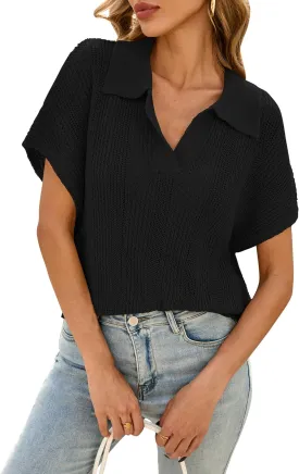 Cakulo Spring Summer Crochet Tops for Women 2025 Crop Knit Short Sleeve Polo V Neck Collared Hollow Out Sweater Top