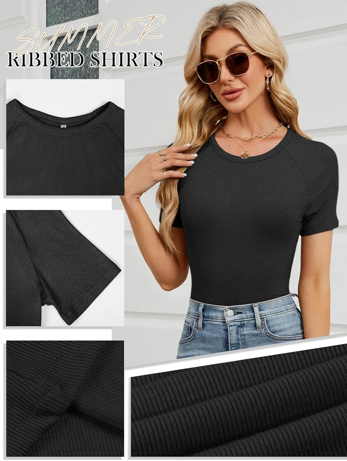 Chulianyouhuo Womens Ribbed Fitted T Shirt Short Sleeve Crew Neck Tees Slim Casual Basic Summer Tops