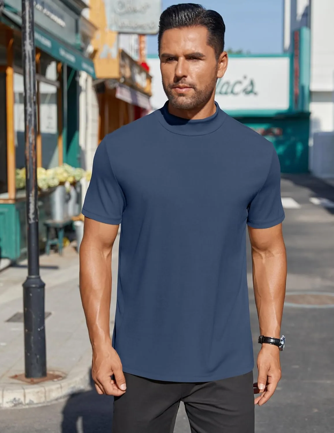 COOFANDY Mens Mock Turtleneck Shirts Short Sleeve Casual Basic T-Shirts Ribbed Solid Pullover Tops