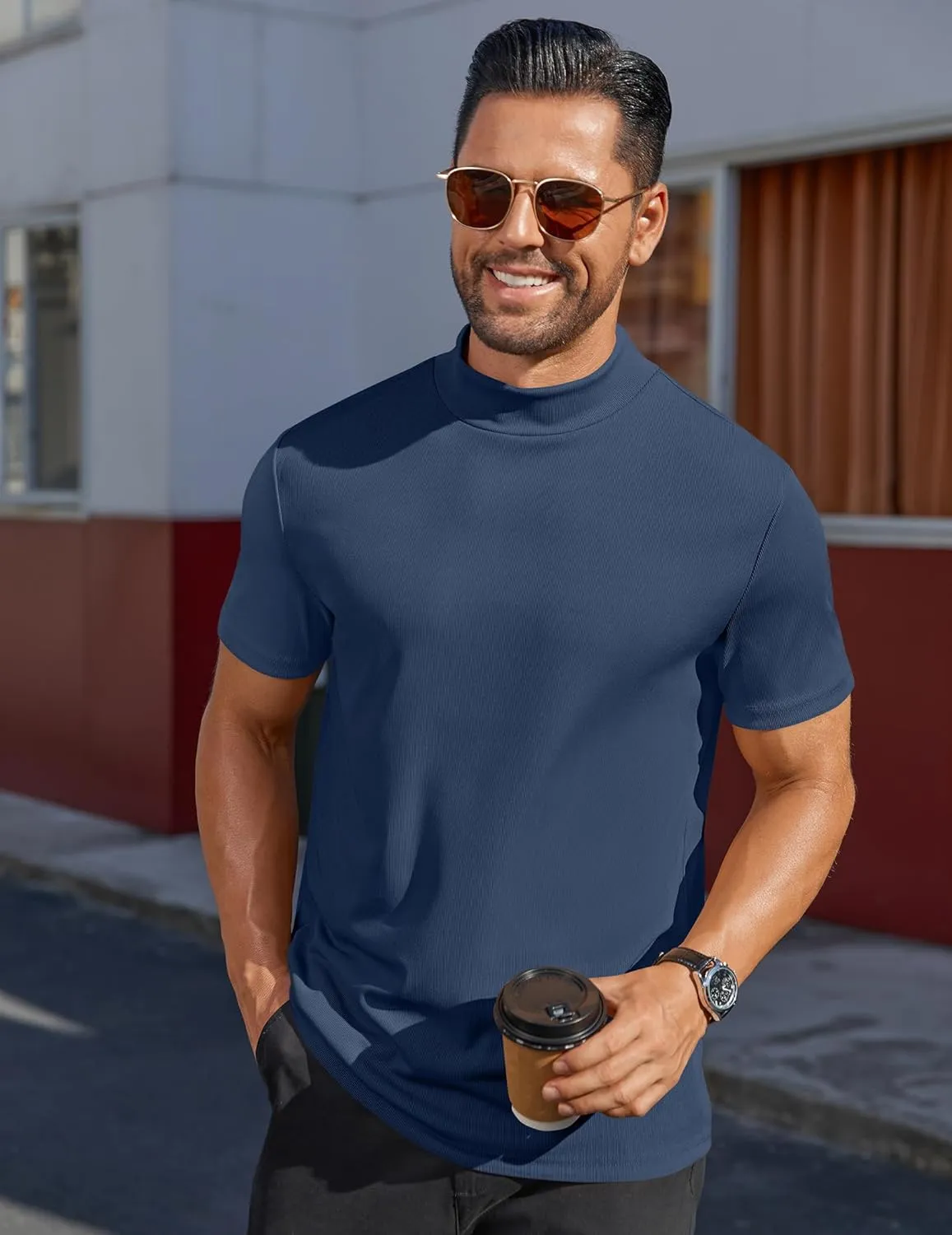 COOFANDY Mens Mock Turtleneck Shirts Short Sleeve Casual Basic T-Shirts Ribbed Solid Pullover Tops