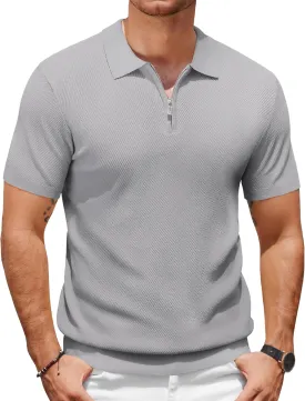 COOFANDY Mens Textured Knit Polo Shirts Zipper Polo Shirts Short Sleeve Casual Lightweight Golf Shirt