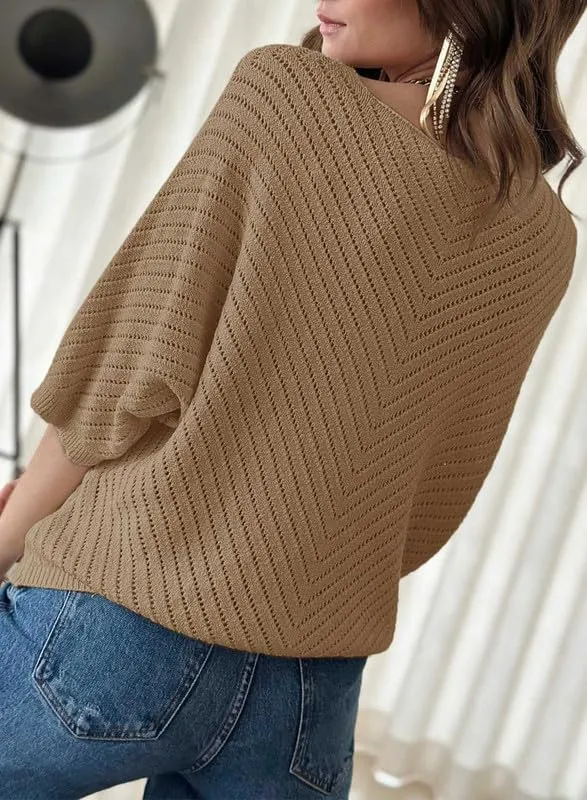 Dokotoo Women's 2025 Summer Spring Casual 3/4 Sleeve Solid Color V Neck Loose Pullover Knit Fall Sweaters Tops