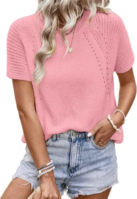Dokotoo Women's Tops Dressy Casual Summer Crewneck Short Sleeve Sweaters Knit Solid Trendy Hollow Out Shirts Blouses