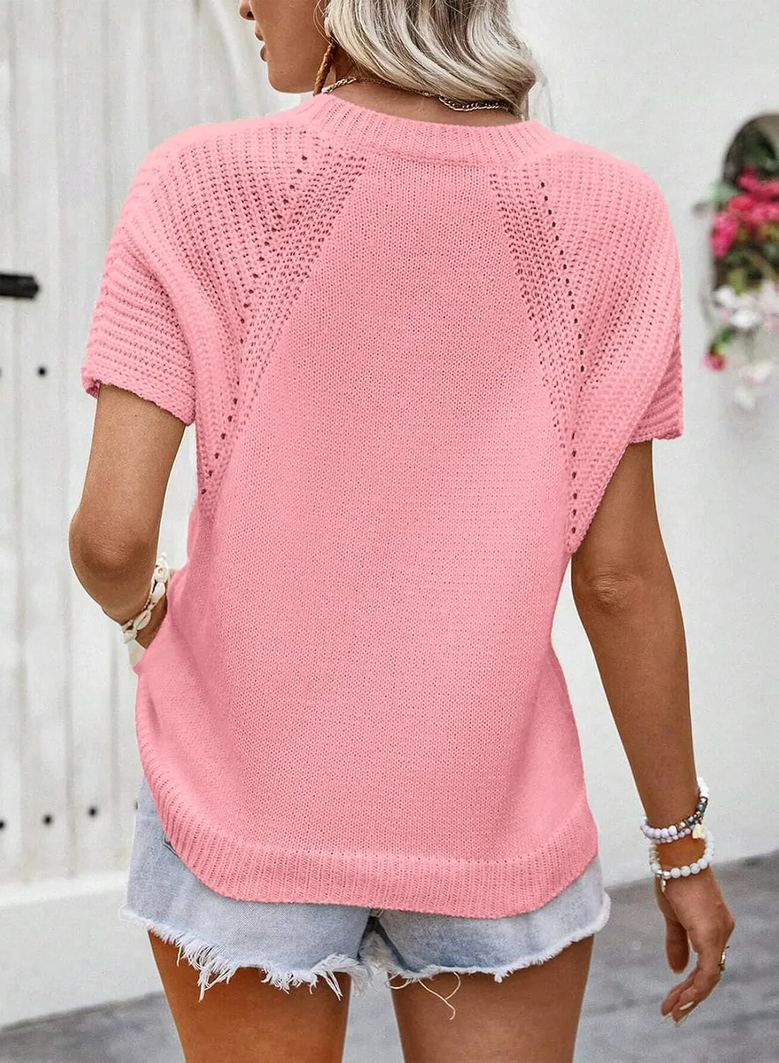 Dokotoo Women's Tops Dressy Casual Summer Crewneck Short Sleeve Sweaters Knit Solid Trendy Hollow Out Shirts Blouses