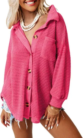 Dokotoo Womens Waffle Knit Shacket Jacket Casual Long Sleeve Button Down Shirts Dressy Blouses Tops