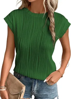 EVALESS Womens Short Sleeve Textured Tops Crewneck Knit Solid Loose Casual Basic T Shirts Tee Blouses