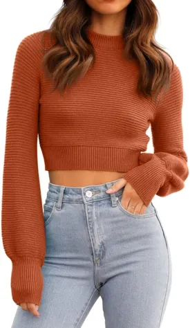 GeGekoko Womens Sexy Crew Neck Cropped Sweaters Ribbed Knit Long Sleeve Crop Tops Pullover