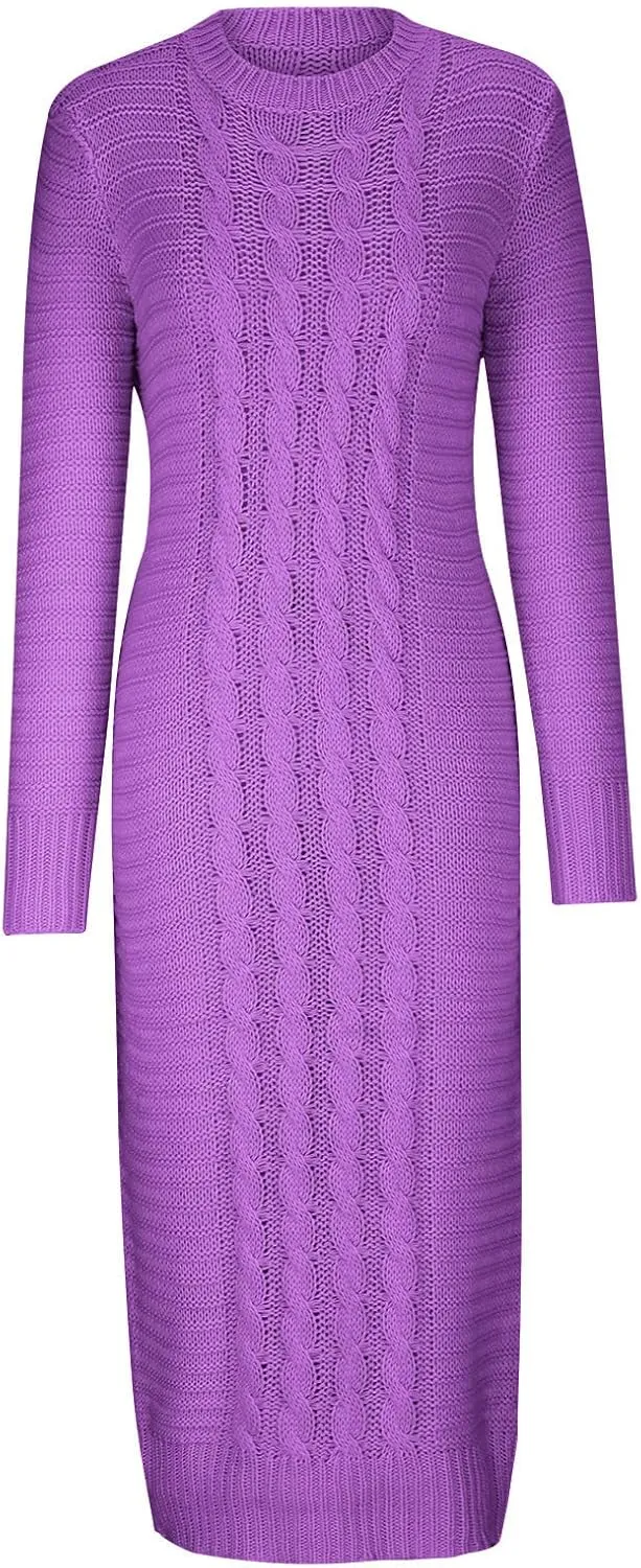 HGps8w Women's Sexy Long Sleeve Sweater Dress Crewneck Cable Knit Bodycon Maxi Dresses Slim Fit Pullover Jumpers