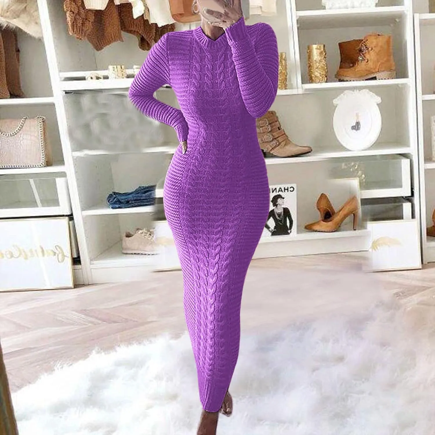 HGps8w Women's Sexy Long Sleeve Sweater Dress Crewneck Cable Knit Bodycon Maxi Dresses Slim Fit Pullover Jumpers