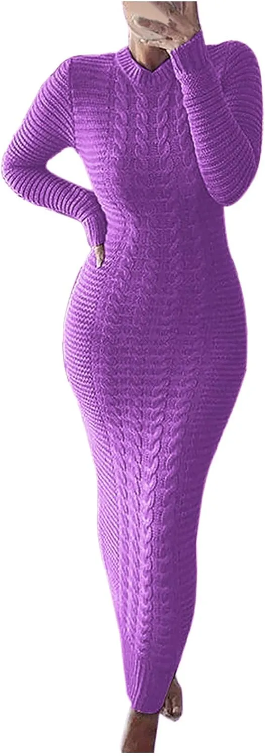HGps8w Women's Sexy Long Sleeve Sweater Dress Crewneck Cable Knit Bodycon Maxi Dresses Slim Fit Pullover Jumpers