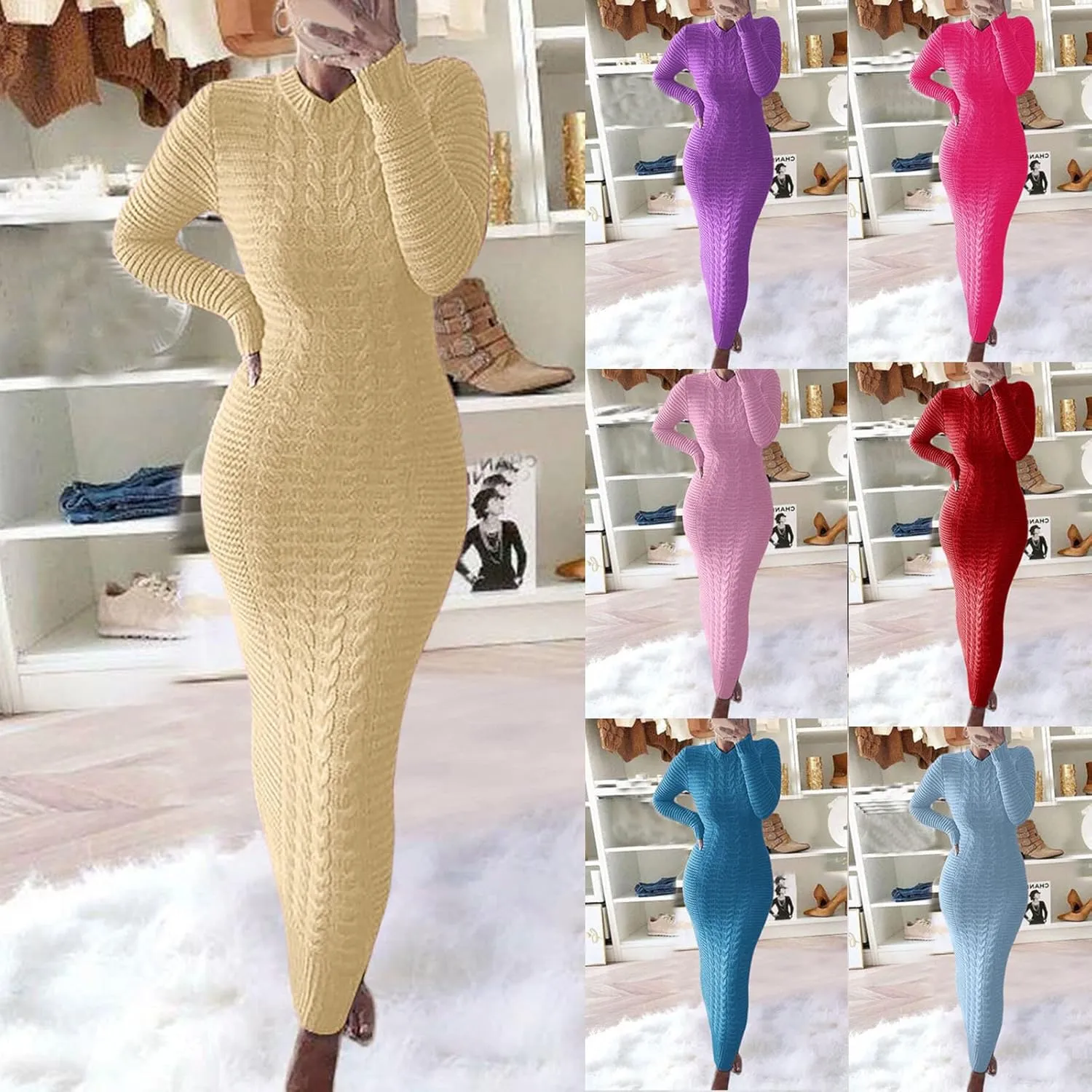 HGps8w Women's Sexy Long Sleeve Sweater Dress Crewneck Cable Knit Bodycon Maxi Dresses Slim Fit Pullover Jumpers