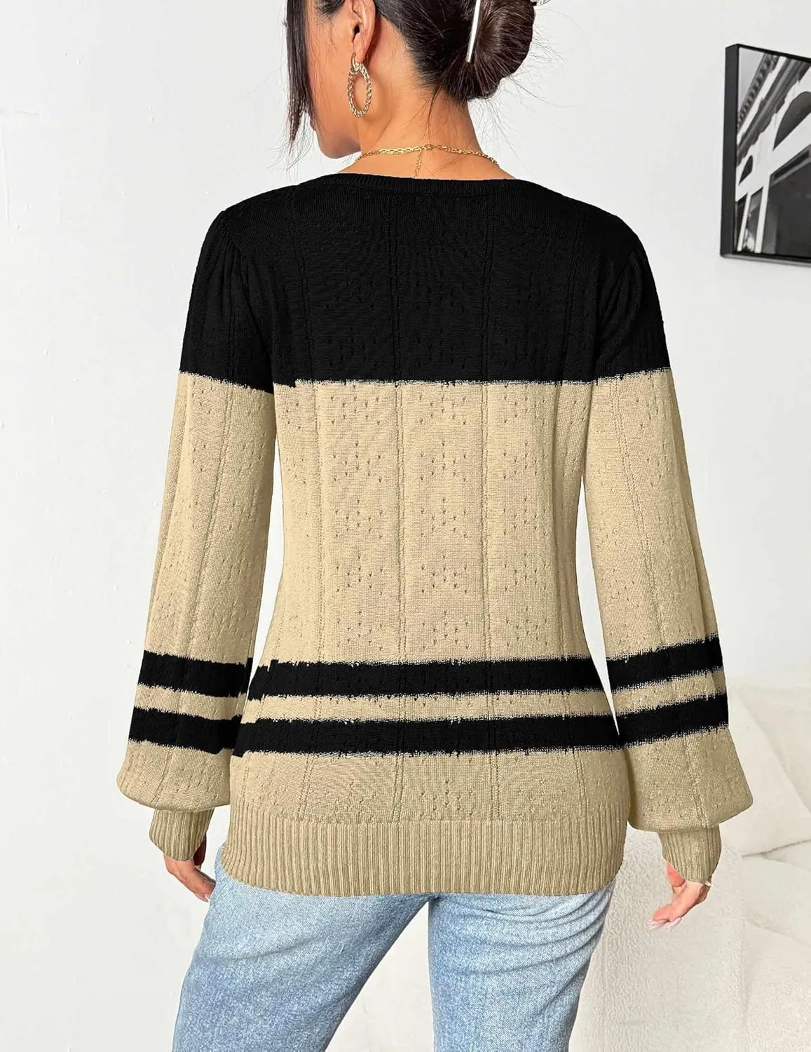 HOTOUCH Womens Puff Sleeve Tops Spring Summer 2025 Trendy Casual Knit Sweaters Square Neck Cute Tunic Pullover Blouses Shirts