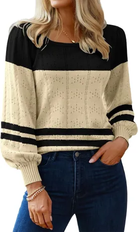 HOTOUCH Womens Puff Sleeve Tops Spring Summer 2025 Trendy Casual Knit Sweaters Square Neck Cute Tunic Pullover Blouses Shirts