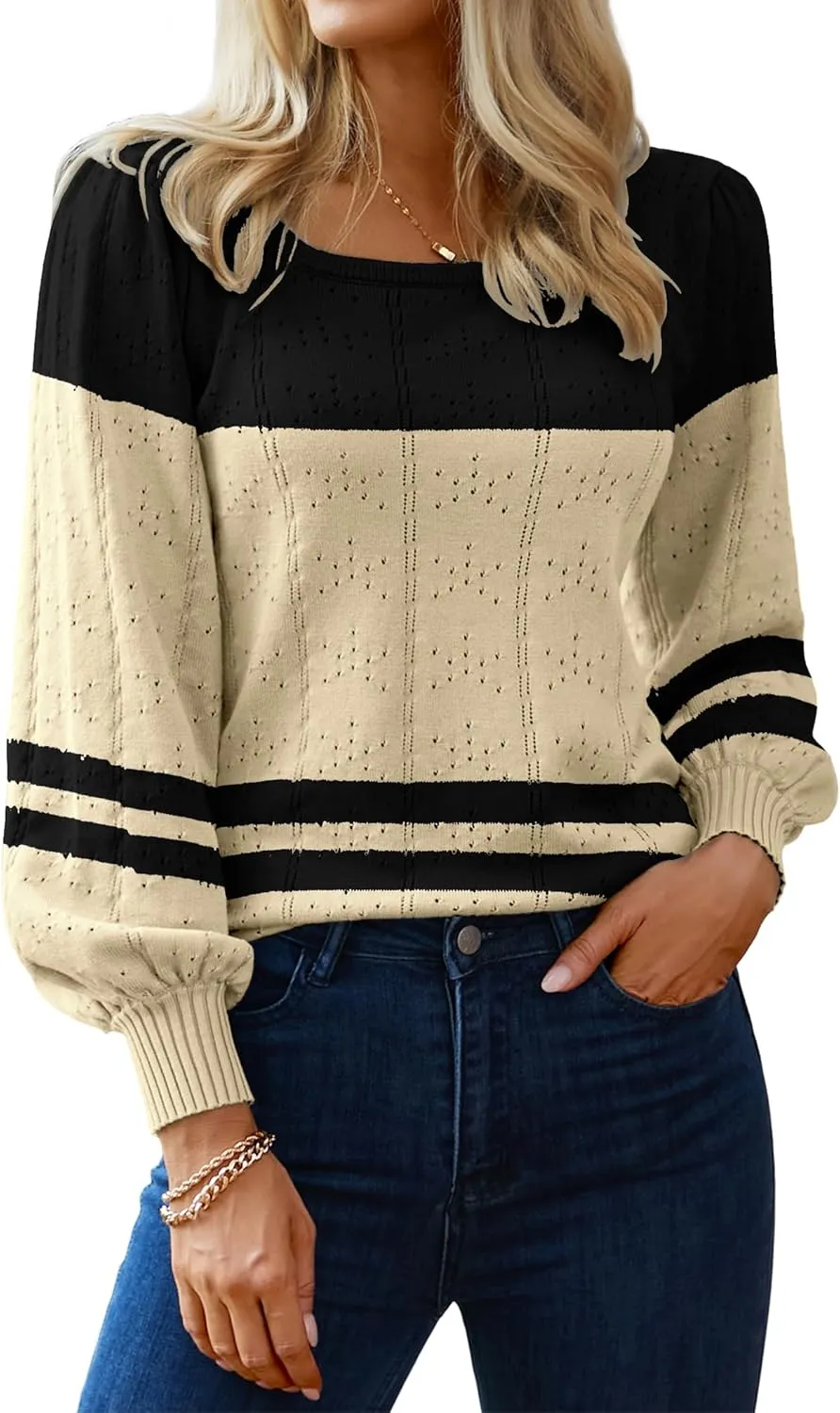 HOTOUCH Womens Puff Sleeve Tops Spring Summer 2025 Trendy Casual Knit Sweaters Square Neck Cute Tunic Pullover Blouses Shirts