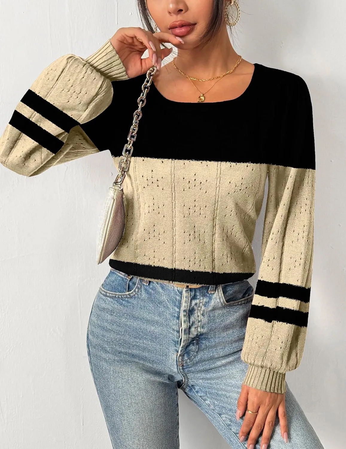 HOTOUCH Womens Puff Sleeve Tops Spring Summer 2025 Trendy Casual Knit Sweaters Square Neck Cute Tunic Pullover Blouses Shirts