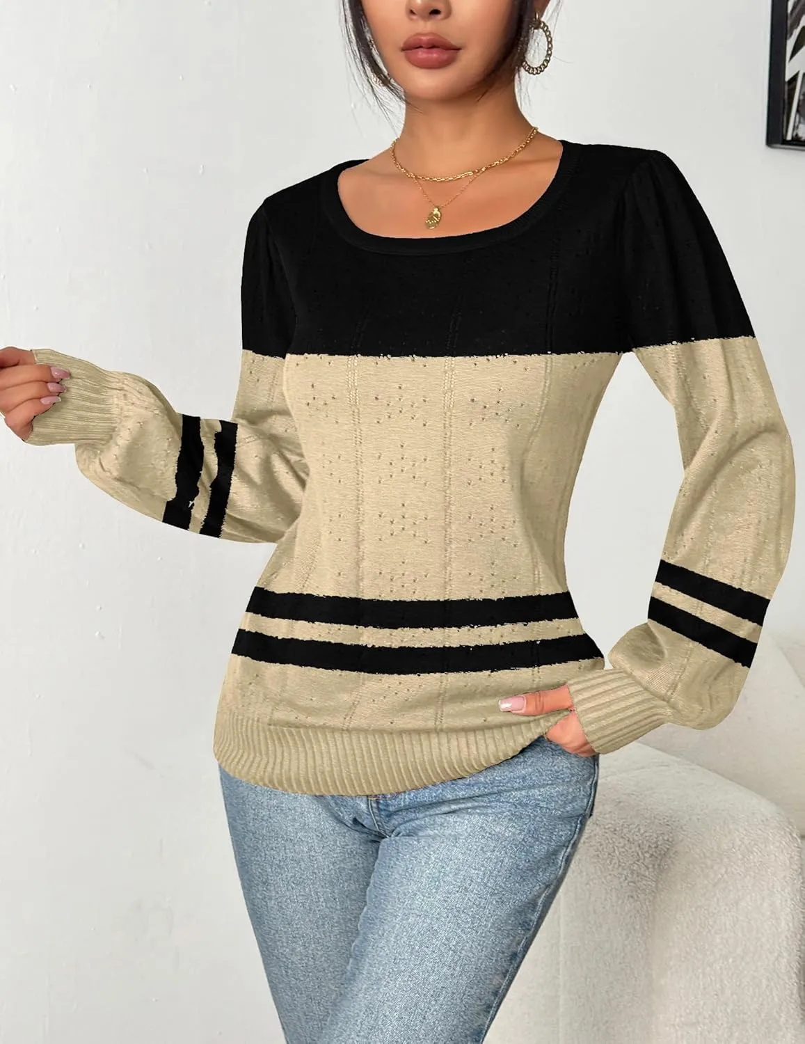 HOTOUCH Womens Puff Sleeve Tops Spring Summer 2025 Trendy Casual Knit Sweaters Square Neck Cute Tunic Pullover Blouses Shirts