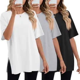 Huukeay 3 Pack Women's Oversized Gym T Shirts Cotton Short Sleeve Side Split Crewneck Tops Casual Workout Baggy Basic Tee