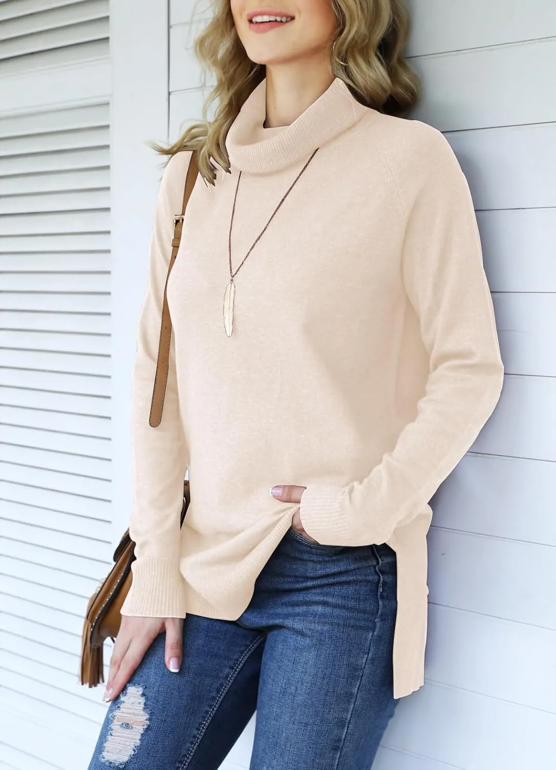 HWOKEFEIYU Women 2024 Fall Trendy Casual Sweater Turtleneck Long Sleeve Sweaters Pullover