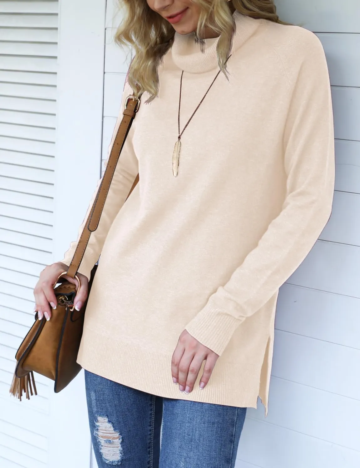 HWOKEFEIYU Women 2024 Fall Trendy Casual Sweater Turtleneck Long Sleeve Sweaters Pullover