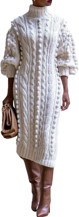 JYAOVO Women's 2023 Lantern Sleeve Turtleneck Chunky Knit Pom Pom High Split Bodycon Sweater Dress Sexy Midi Dress