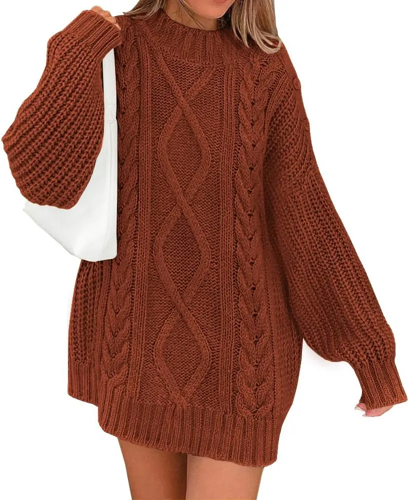 LILLUSORY Women's Crewneck Oversized Sweater Dress 2024 Fall Fashion Cable Knit Long Sleeve Dresses Chunky Pullover Tops