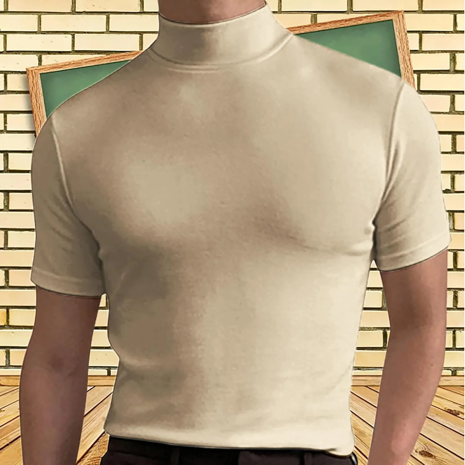 Mens Basic Mock Turtleneck Short Sleeve Solid Casual T-Shirt Pullover Tops Slim Fit Undershirt