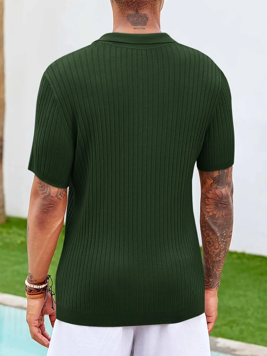 Mens Knit Polo Shirt Short Sleeve Button Down Golf Shirts Causal Ribbed Summer Beach Tops
