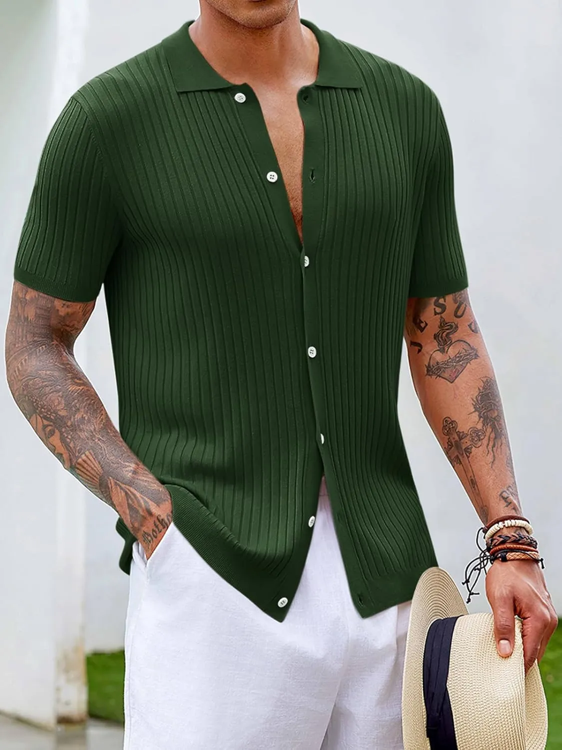 Mens Knit Polo Shirt Short Sleeve Button Down Golf Shirts Causal Ribbed Summer Beach Tops