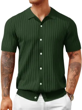 Mens Knit Polo Shirt Short Sleeve Button Down Golf Shirts Causal Ribbed Summer Beach Tops
