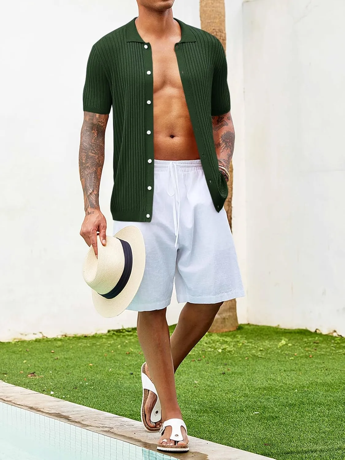 Mens Knit Polo Shirt Short Sleeve Button Down Golf Shirts Causal Ribbed Summer Beach Tops