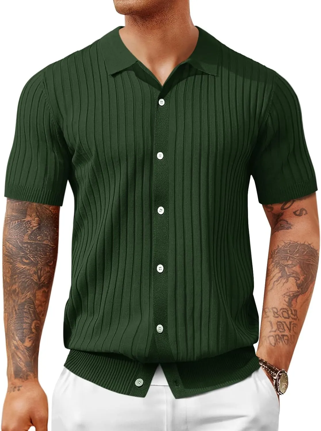 Mens Knit Polo Shirt Short Sleeve Button Down Golf Shirts Causal Ribbed Summer Beach Tops