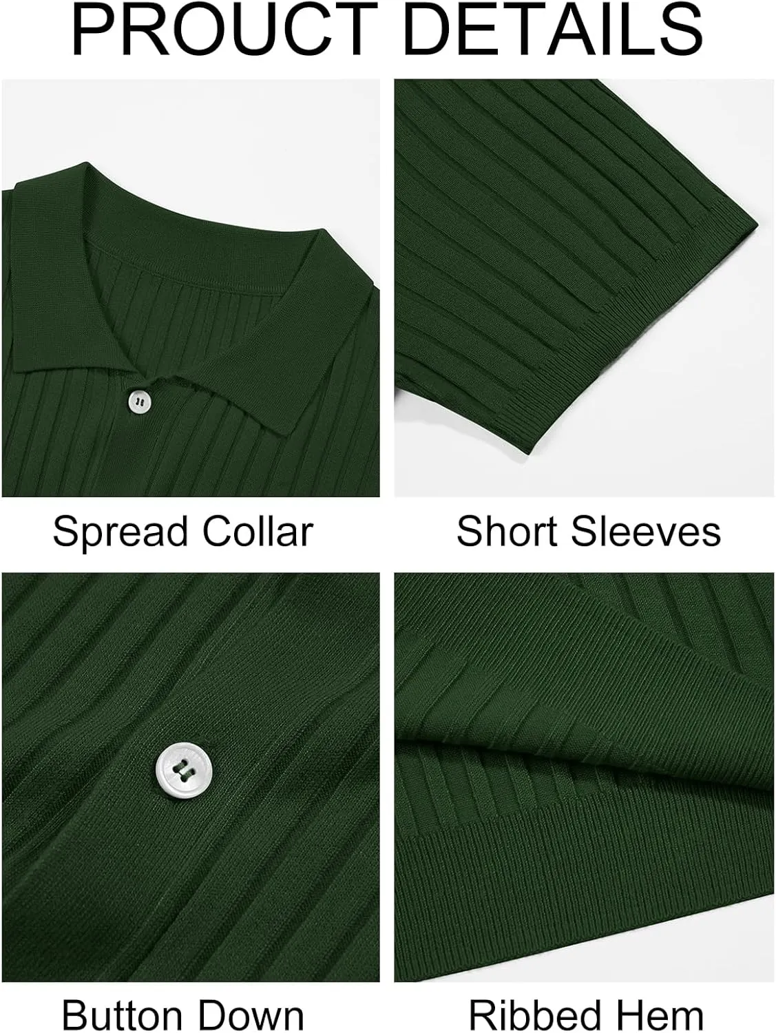 Mens Knit Polo Shirt Short Sleeve Button Down Golf Shirts Causal Ribbed Summer Beach Tops