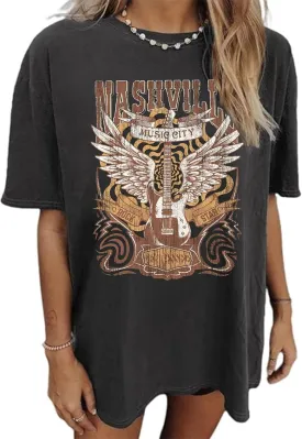 Music City T-Shirt Women Country Music Oversized Tshirts Vintage Graphic Rock Concert Shirts Rock Band Tops