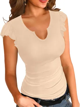 Necooer Womens Fashion Summer Tops Ruffle Sleeve Knit Ribbed Stretch Slim Fitted Shirts V Neck Blouse for Women
