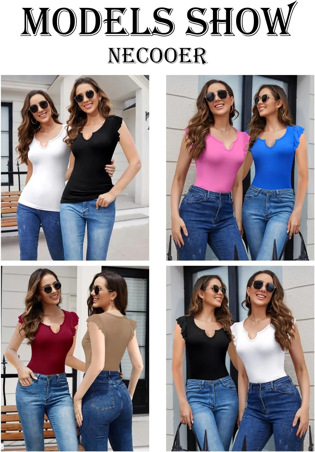 Necooer Womens Fashion Summer Tops Ruffle Sleeve Knit Ribbed Stretch Slim Fitted Shirts V Neck Blouse for Women