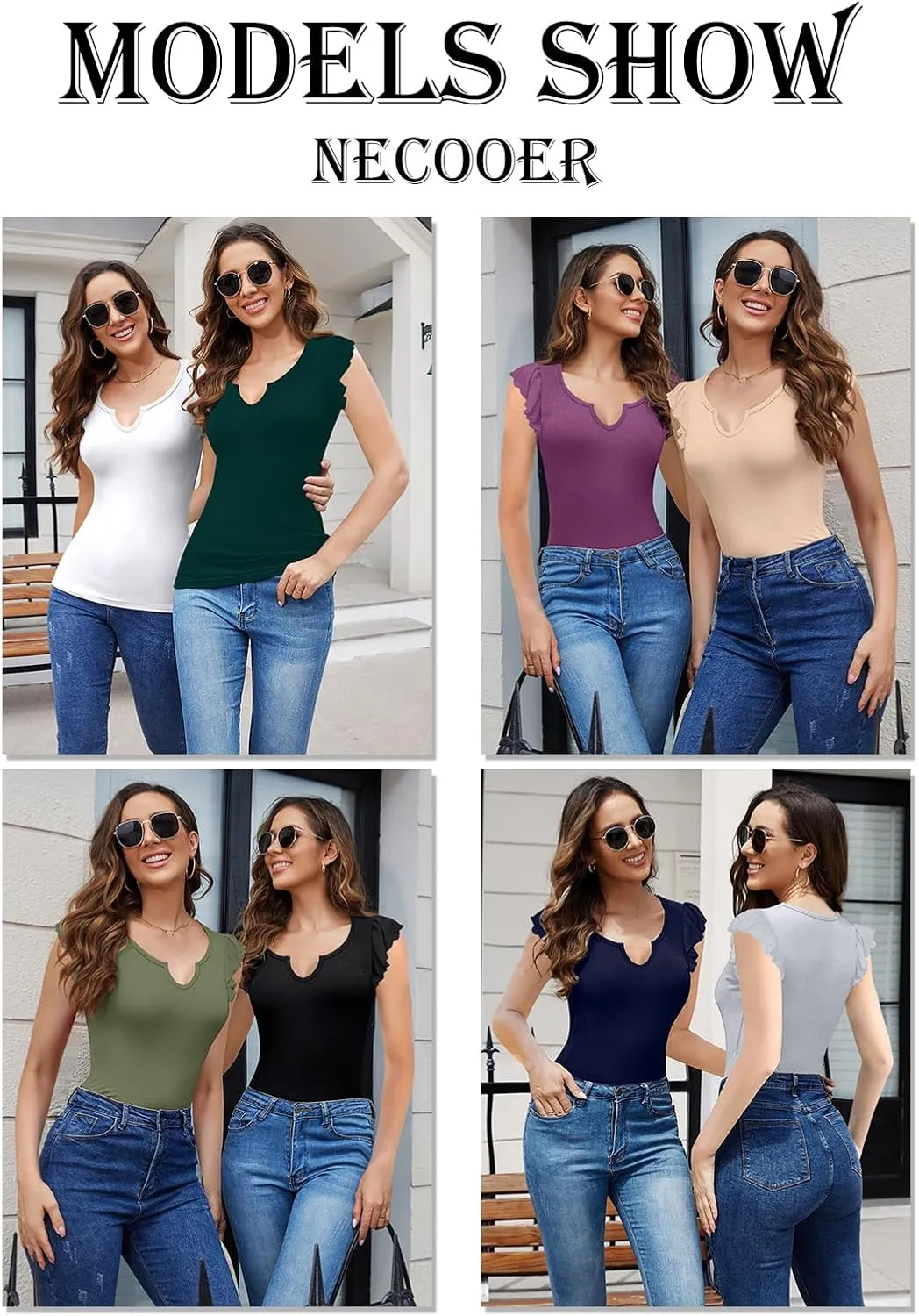 Necooer Womens Fashion Summer Tops Ruffle Sleeve Knit Ribbed Stretch Slim Fitted Shirts V Neck Blouse for Women