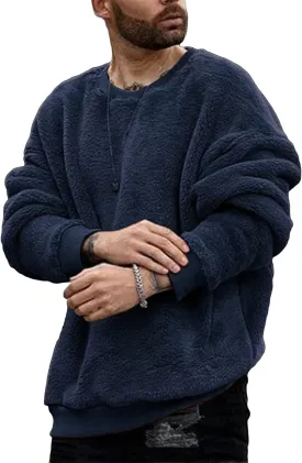 Pengfei Mens Fuzzy Sherpa Pullover Sweatshirts Long Sleeve Fleece Fluffy Crew Neck Fall Winter Warm Outwears