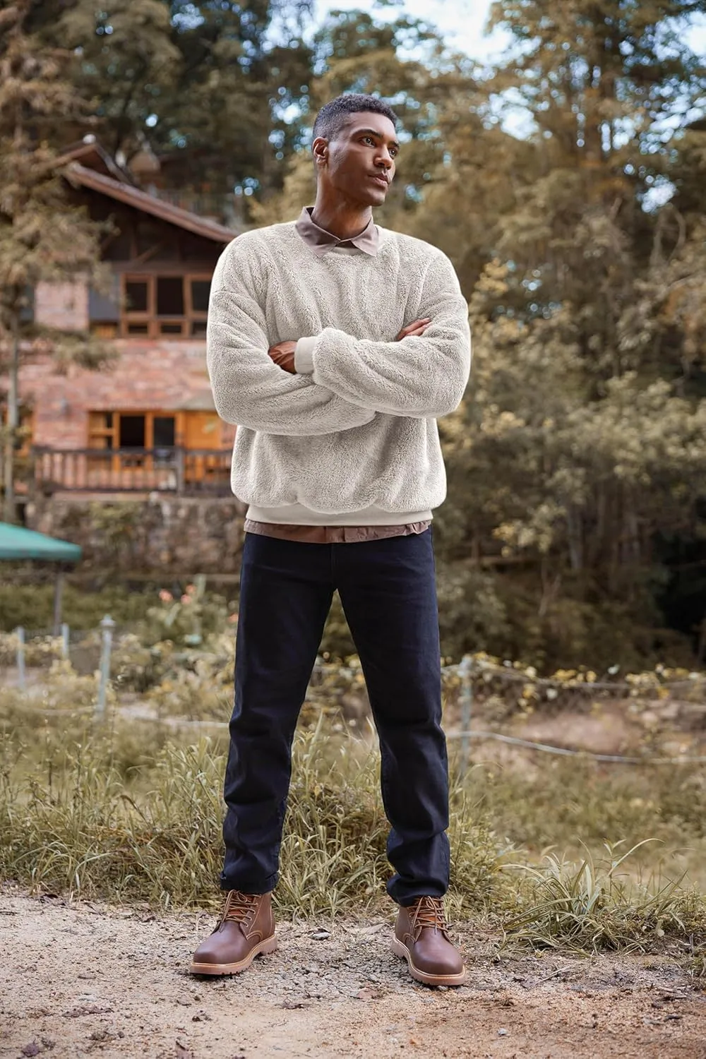 Pengfei Mens Fuzzy Sherpa Pullover Sweatshirts Long Sleeve Fleece Fluffy Crew Neck Fall Winter Warm Outwears