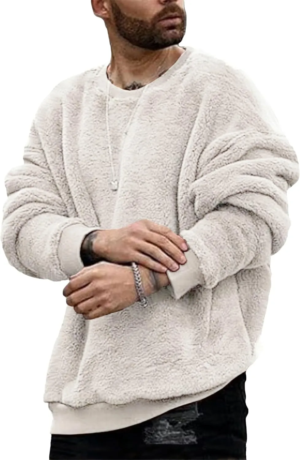 Pengfei Mens Fuzzy Sherpa Pullover Sweatshirts Long Sleeve Fleece Fluffy Crew Neck Fall Winter Warm Outwears