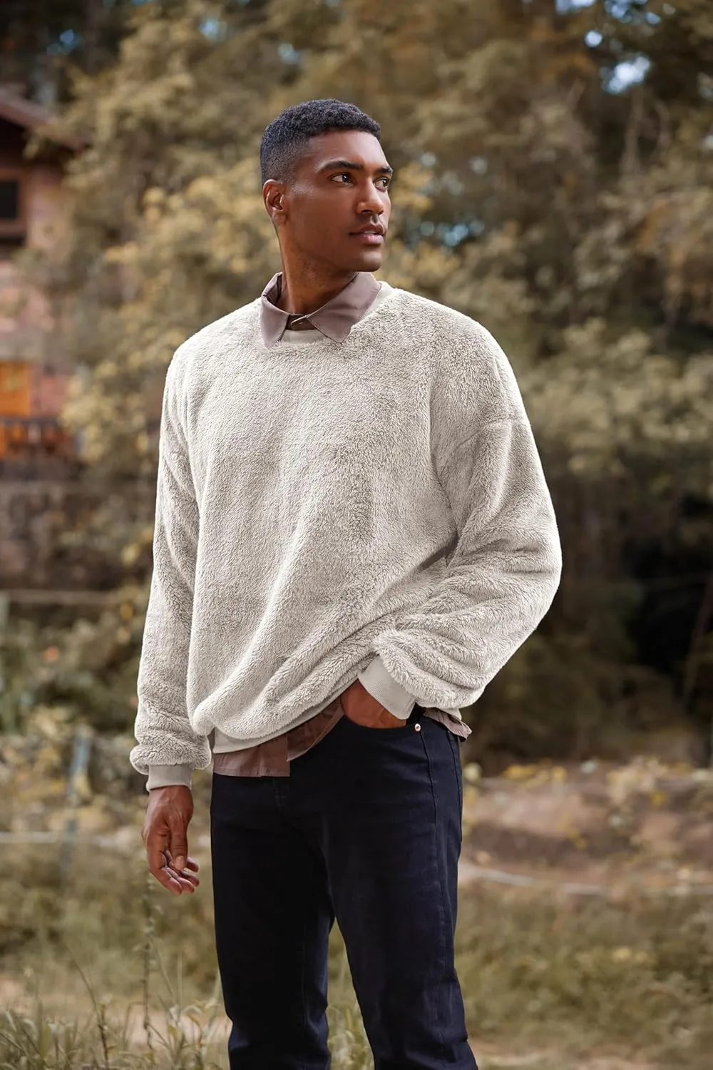 Pengfei Mens Fuzzy Sherpa Pullover Sweatshirts Long Sleeve Fleece Fluffy Crew Neck Fall Winter Warm Outwears