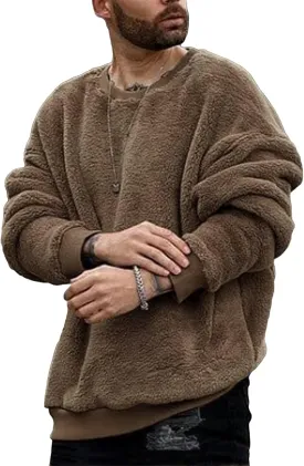 Pengfei Mens Fuzzy Sherpa Pullover Sweatshirts Long Sleeve Fleece Fluffy Crew Neck Fall Winter Warm Outwears