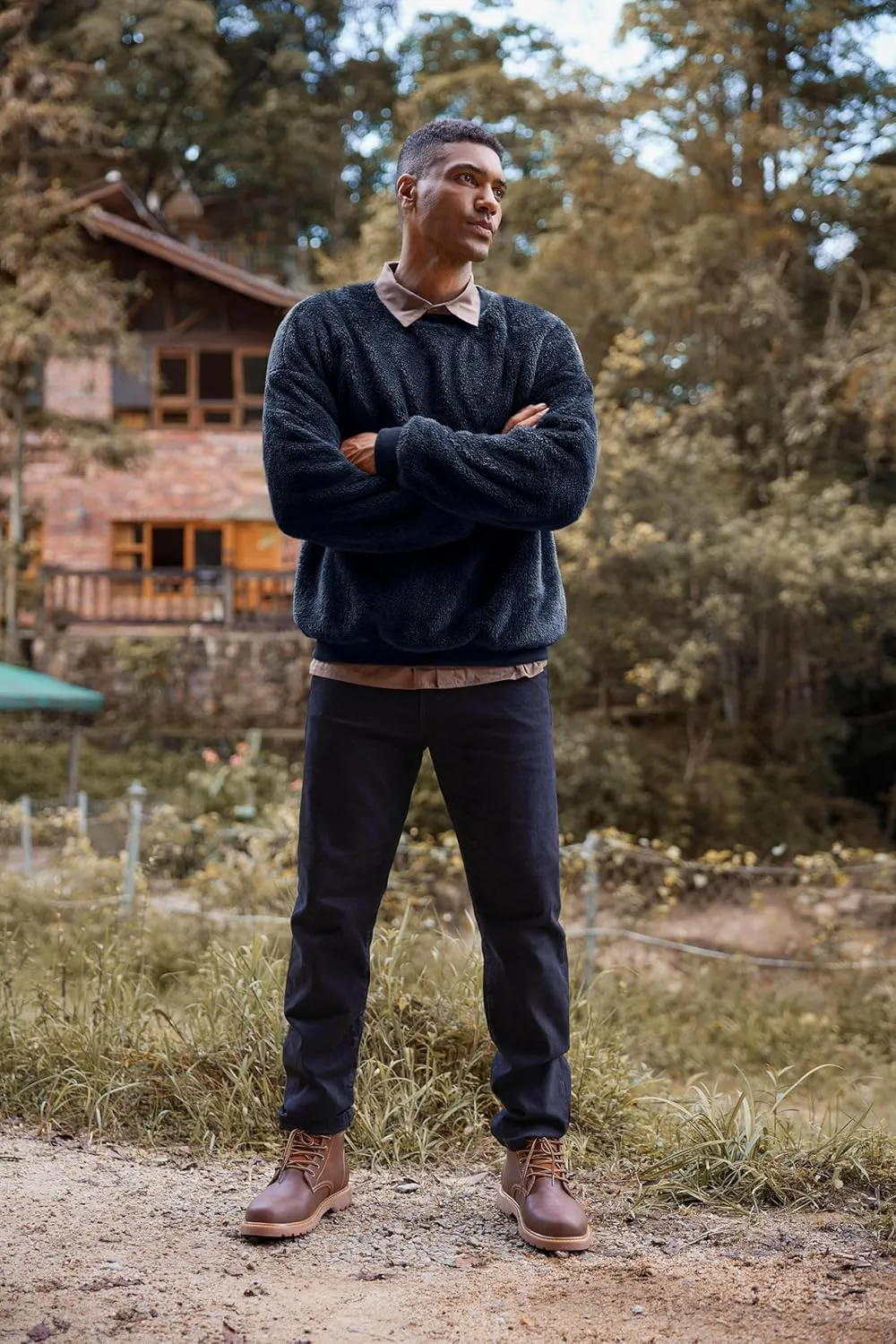 Pengfei Mens Fuzzy Sherpa Pullover Sweatshirts Long Sleeve Fleece Fluffy Crew Neck Fall Winter Warm Outwears