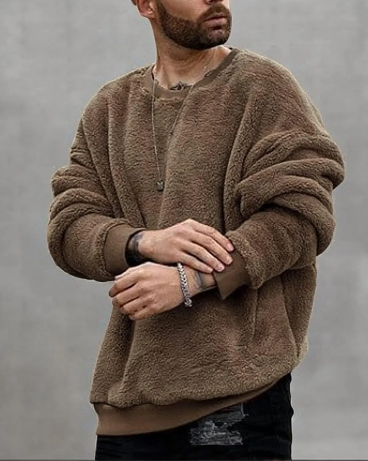 Pengfei Mens Fuzzy Sherpa Pullover Sweatshirts Long Sleeve Fleece Fluffy Crew Neck Fall Winter Warm Outwears