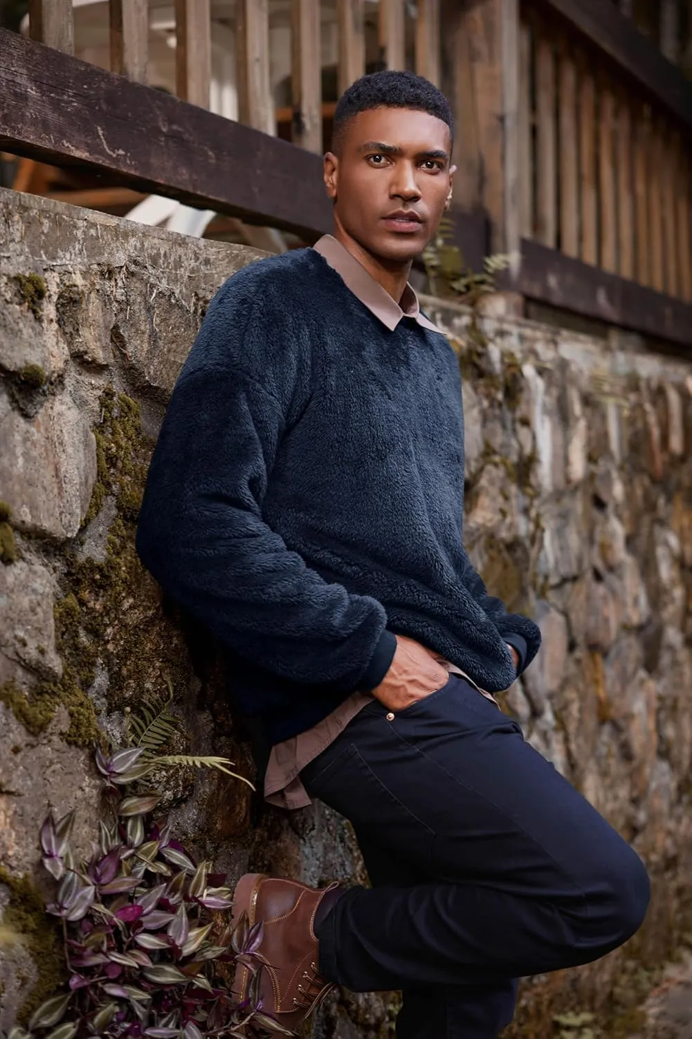 Pengfei Mens Fuzzy Sherpa Pullover Sweatshirts Long Sleeve Fleece Fluffy Crew Neck Fall Winter Warm Outwears